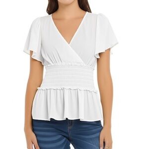 ENTERO White Deep V-Neck Peplum Smocked Short Sleeve Ribbed Top